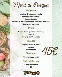 Anche quest’anno @ristorante_sardegna_85 rimane aperto il giorno di Pasqua🐣

Abbiamo pensato per voi ad un 𝐌𝐞𝐧𝐮̀ 𝐬𝐩𝐞𝐜𝐢𝐚𝐥𝐞 𝐩𝐞𝐫 𝐩𝐫𝐚𝐧𝐳𝐨 per festeggiare insieme questa giornata😊

A 𝐬𝐨𝐥𝐢 𝟒𝟓€ avrete antipasto, primo, secondo, acqua, vino e caffè e per concludere il dolce della casa!!😍

Prenotate subito per assicurarvi il posto✨

Sardegna 85 e il suo staff vi aspettano in 

📍Via Sardegna 85, Cagliari
📆Aperto tutti i giorni da lunedì alla domenica 
dalle 12:00 alle 15:00 e 
dalle 19:00 alle 23:00
🚫Chiuso il mercoledì 

☎️Per info e prenotazioni 070 657902
📲Prenotazioni WhatsApp 24h +39 327 5538179 
🌐https://ristorantesardegna85.it

#Sardegna85 #Cagliari #CucinaSarda #SaporiAutentici #TradizioneSarda #FoodLovers #GustoSardo #Instafood #Food #FoodExperience #CulturaSarda #Ristorante #RistorantiCagliari #Sardegna #LoveIt #PortoCagliari #Centro #Pasqua #MenùdiPasqua