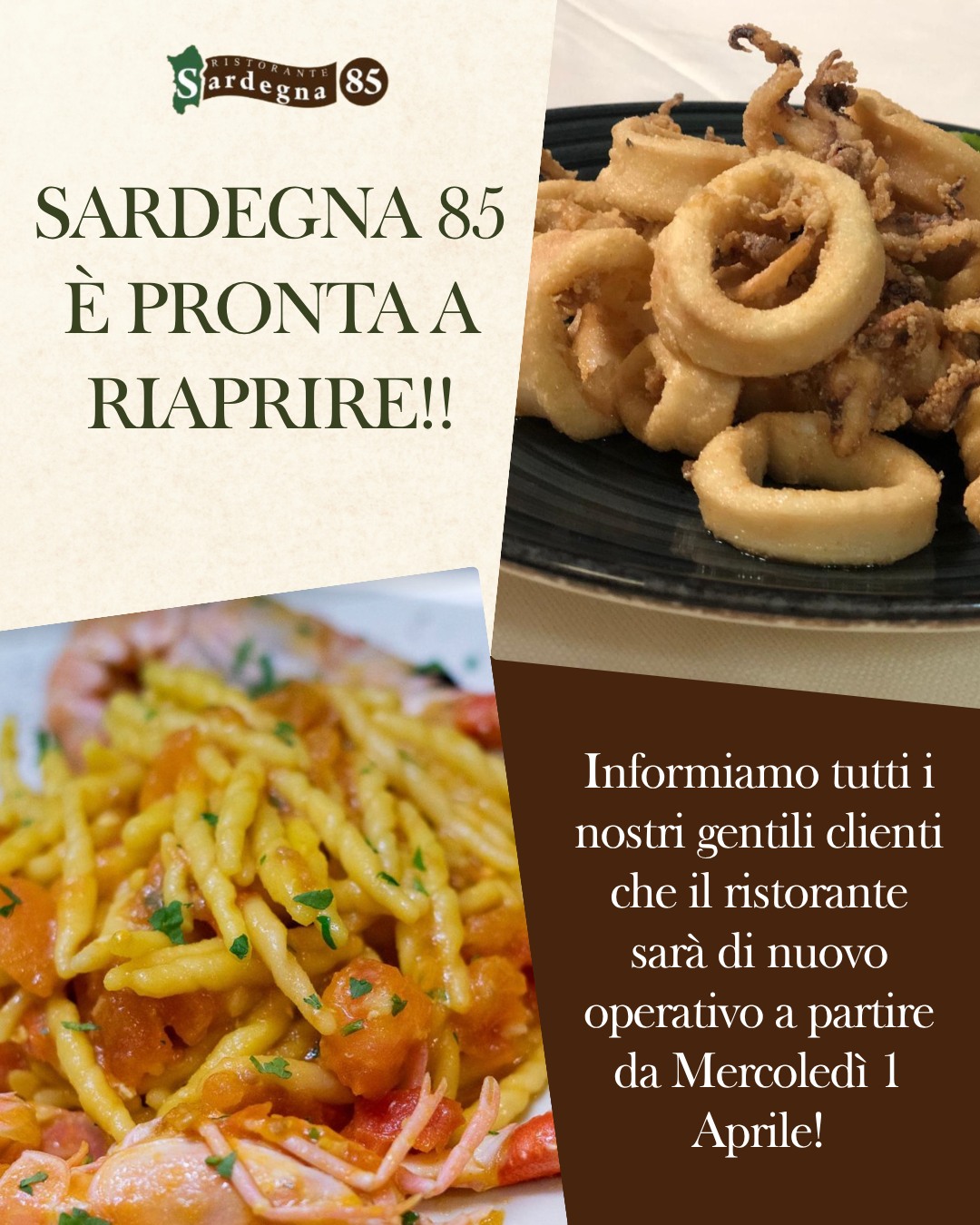 𝐒𝐢𝐚𝐦𝐨 𝐩𝐫𝐨𝐧𝐭𝐢 𝐚 𝐫𝐢𝐚𝐩𝐫𝐢𝐫𝐞‼️🍝

Informiamo la nostra gentile clientela che @ristorante_sardegna_85 riaprirà a partire da 𝐌𝐞𝐫𝐜𝐨𝐥𝐞𝐝𝐢̀ 𝟏 𝐀𝐩𝐫𝐢𝐥𝐞😍

Prenotate subito per un’esperienza all’insegna del sapore😋

Sardegna 85 e il suo staff vi aspettano in 

📍Via Sardegna 85, Cagliari
📆Aperto tutti i giorni da lunedì alla domenica 
dalle 12:00 alle 15:00 e 
dalle 19:00 alle 23:00
🚫Chiuso il mercoledì 

☎️Per info e prenotazioni 070 657902
📲Prenotazioni WhatsApp 24h +39 327 5538179 
🌐https://ristorantesardegna85.it

#Sardegna85 #Cagliari #CucinaSarda #SaporiAutentici #TradizioneSarda #FoodLovers #GustoSardo #Instafood #Food #FoodExperience #CulturaSarda #Ristorante #RistorantiCagliari #Sardegna #LoveIt #PortoCagliari #Centro #Riapertura